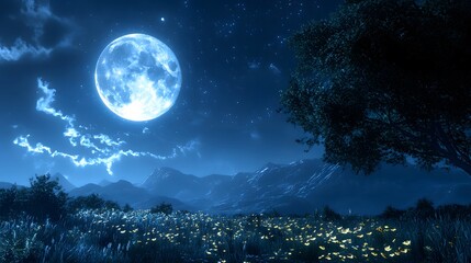 Fototapeta premium A breathtaking night scene featuring a full moon illuminating wildflowers.