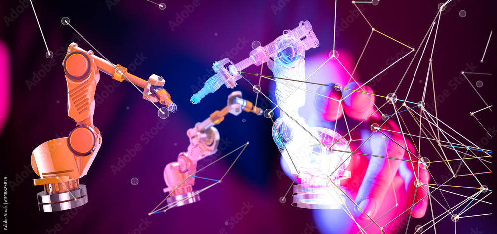 Poster Neural network 3D illustration. Big data and cybersecurity - connection