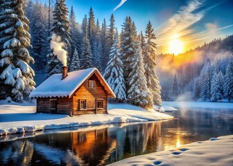 Fototapeta premium Charming Winter Cabin by a Frozen Lake: Cozy Snow Scene Stock Photo