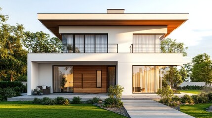 Obraz premium Modern House with a Wooden Door and a Balcony