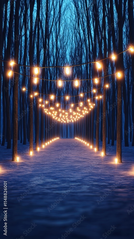 Poster a serene winter pathway illuminated by glowing lights strung between trees, creating a magical atmos
