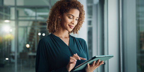 Tablet, thinking and business woman with research, idea or reading news for publishing in startup...