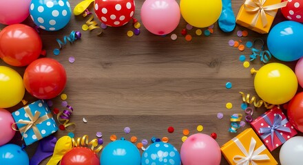 A festive flat lay style background featuring vibrant balloons presents and confetti Perfect for birthday or party greetings with room for a personalized message Copy space image.