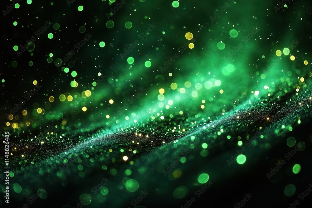 Poster dark night scene filled with vibrant green lights. glowing green lights create mystical atmosphere. 