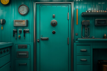 vibrant teal room featuring secure door, gauges, and tools, evoking sense of mystery and intrigue