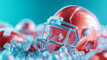 Fototapeta premium Shiny orange football helmets surrounded by ice cubes create vibrant scene