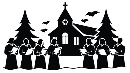silhouette of a Christmas choir singing in front of a snow-covered church