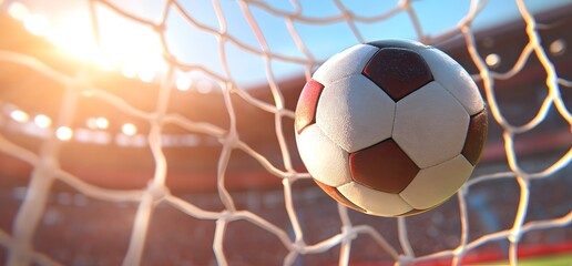 soccer ball hitting the net in a stadium during a match.
