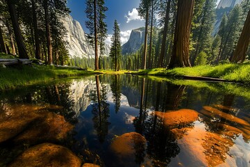 Obraz premium Yosemite Valley forest reflecting in still water