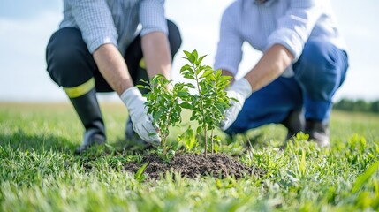 Two men planting saplings together in a field.