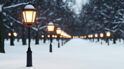 A serene winter scene featuring illuminated street lamps lining a snowy pathway amidst trees, creating a peaceful, enchanting atmosphere.