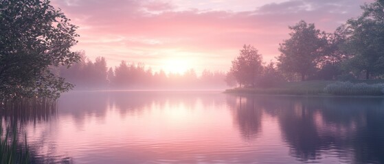 Obraz premium Misty Sunrise over Serene Lake