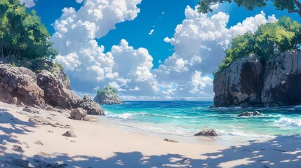 Obraz premium A serene beach scene with vibrant turquoise waters and lush greenery.