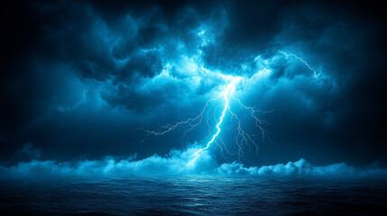 dramatic flash of lightning cuts through a dark, stormy sky, symbolizing chaos and nature's raw power, creating a striking and intense banner design for thunderstorm themes