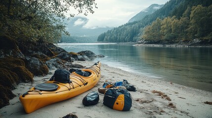 Kayak resting on a sandy beach, with gear scattered nearby, ready for an adventure.