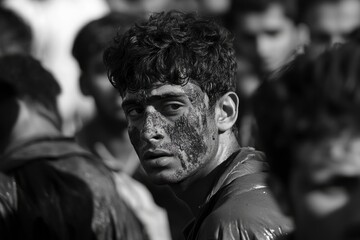 Obraz premium A YOUNG MAN WITH GULAL ALL OVER HIS FACE TURNING AROUND AND SERIOUSLY LOOKING WHILE STANDING IN A CROWD 