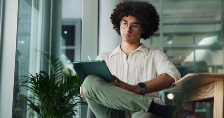 Review, tablet and creative man for problem solving, research project or email on internet. App...