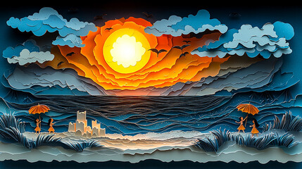 Papercut Beach Scene with Children Building Sandcastles
