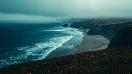 Fototapeta premium Misty shoreline with cliffs and waves, evoking a tranquil, serene ambiance.