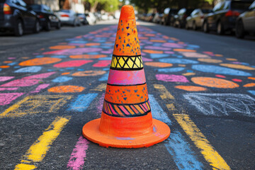 Naklejka premium Traffic cone, Colorful chalk art decorates a street with a bright orange traffic cone positioned centrally, creating a vibrant urban scene.