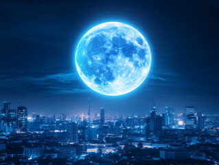 Fototapeta premium luminous moon glows over bustling city skyline at night, illuminating urban landscape