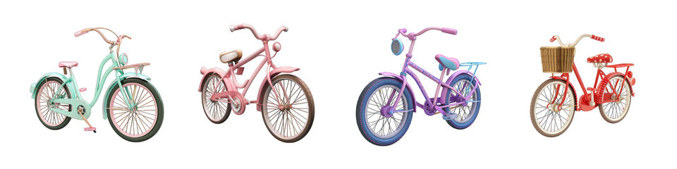 Fototapeta premium PNG Colorful Retro Bicycles Isolated on White Background - Stylish Vintage Bikes for Kids and Recreational Design Projects