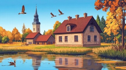 Fototapeta premium Illustration of a brick house on the shore of a lake, birds flying, demonstrating its intricate architectural details and serene surroundings, lakeside, spirituality, nature.