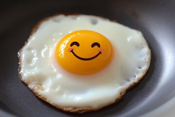 Fried eggs in a pan with a smiley face on the yolk