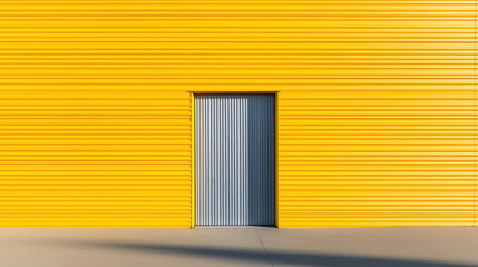 Obraz premium Yellow building exterior features metal door. Modern industrial design. Simple geometric pattern on yellow corrugated metal wall. Exterior view of warehouse commercial structure. Sunlight casts