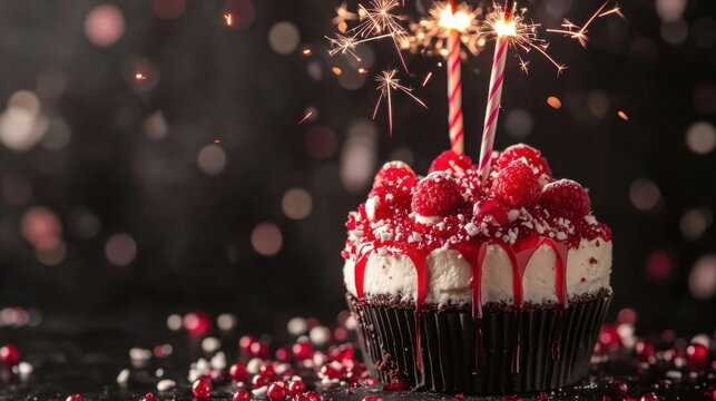 Chocolate holiday cupcake with white filling on top, strawberries with sparklers and multi-colored sprinkles on a dark background. A magical birthday celebration.
