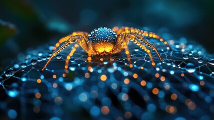 A close-up of a spider on a dew-covered web, illuminated by soft, warm light.