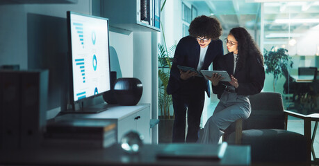Office, business people and tablet for research, internet search and graph results. Professional,...