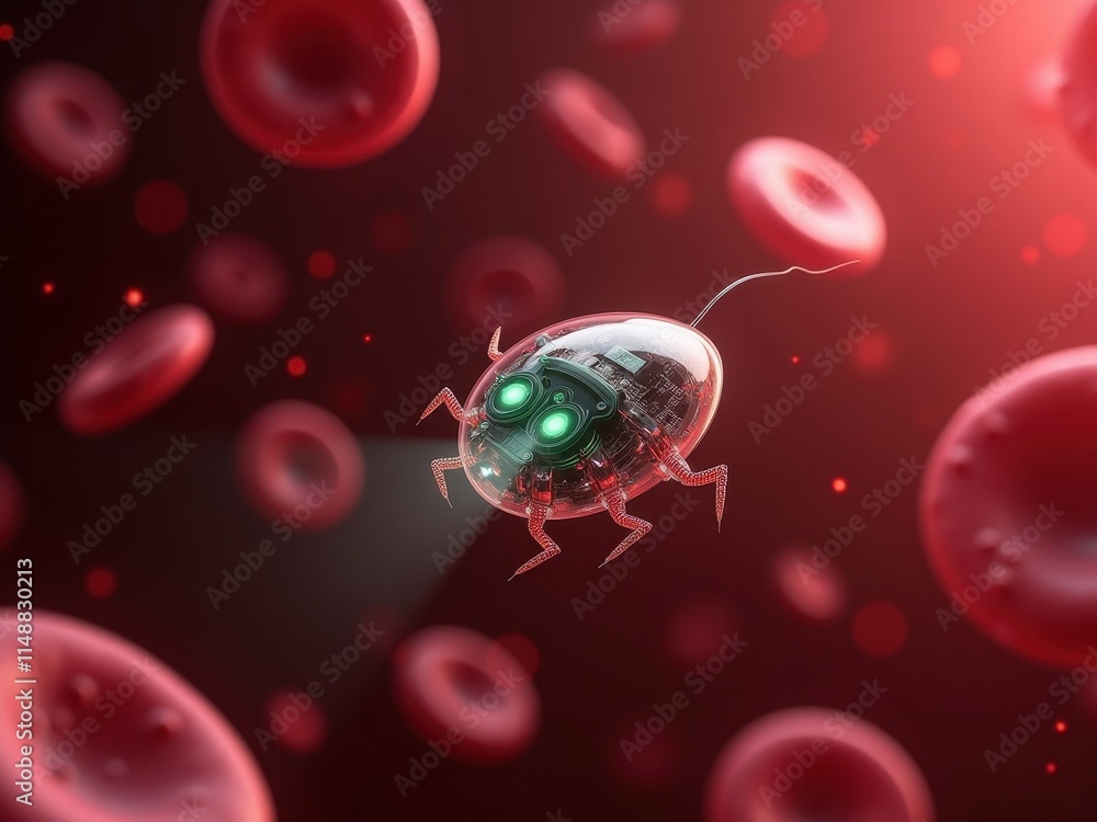 Poster innovative robotic creature navigating through red blood cells in a futuristic setting