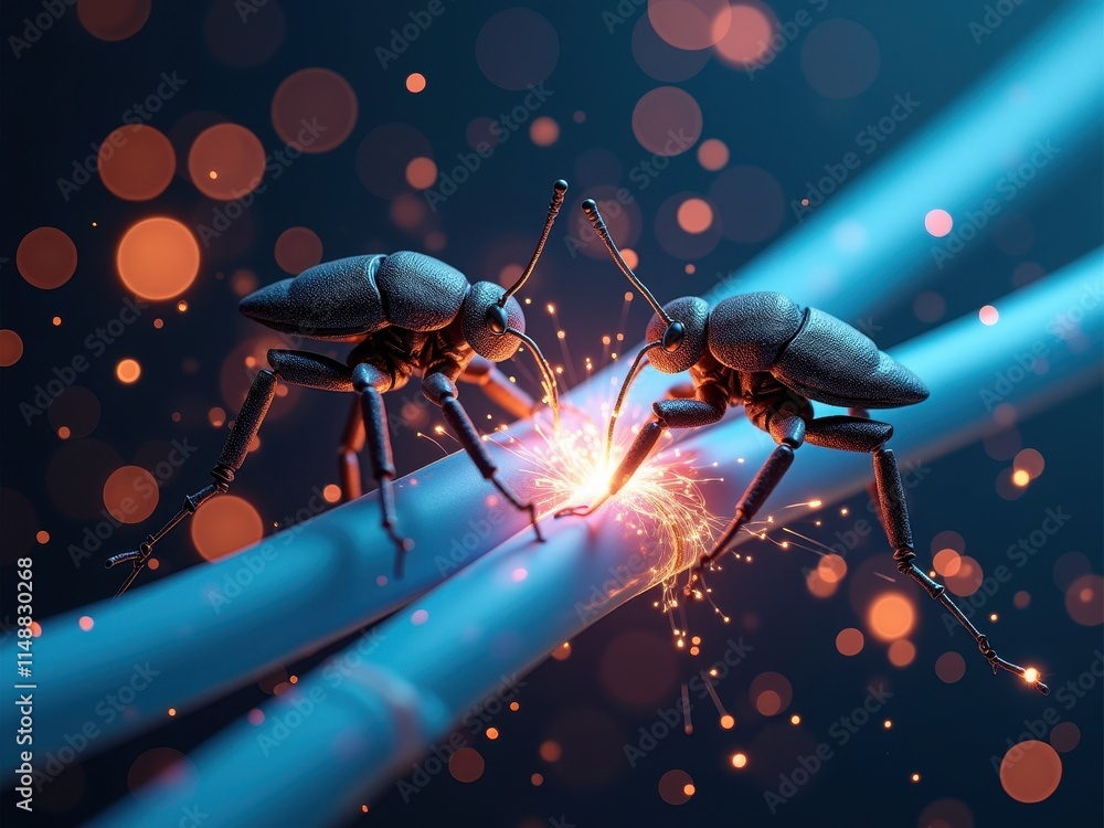 Poster two ants interact over glowing wires creating sparks in a surreal environment
