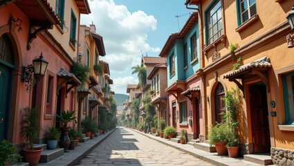 Obraz premium A colorful street with traditional houses featuring vibrant facades, potted plants, and a pagoda-like structure in the background under a bright blue sky. Generative, AI,