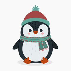 Cute cartoon penguin wearing a warm scarf and beanie  vector illustration isolated on white background