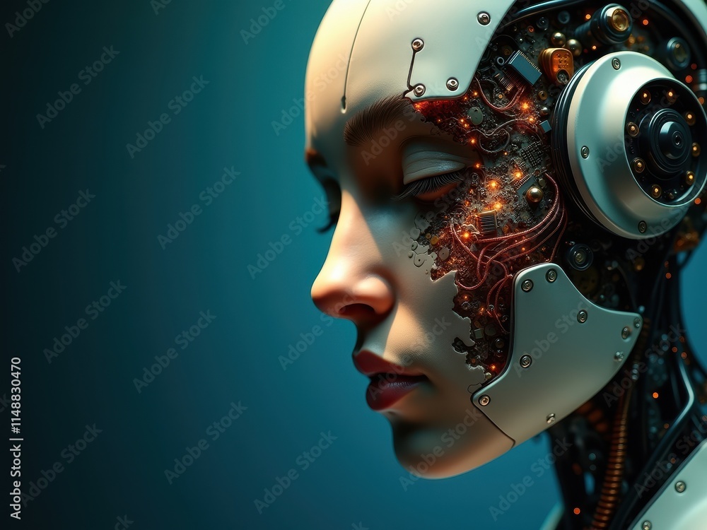 Poster close-up view of a futuristic robot head showcasing intricate internal circuitry
