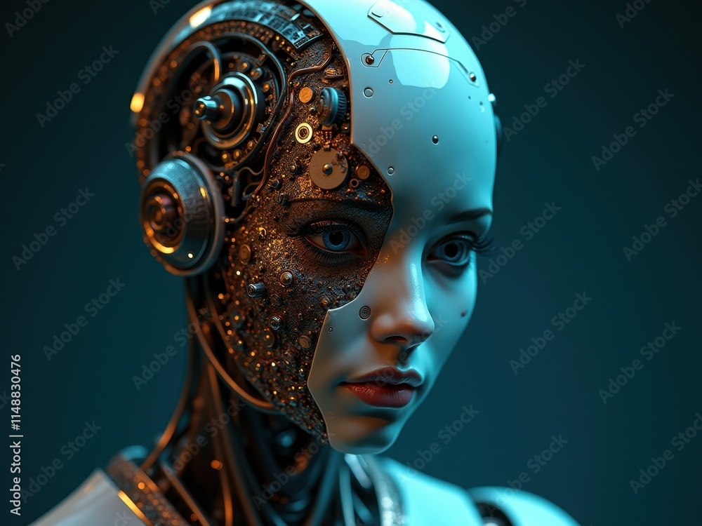 Poster futuristic humanoid robot with intricate mechanical details in a dark, illuminated environment