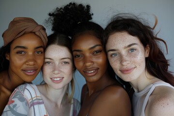 Fototapeta premium Four diverse women smiling together in close up portrait.