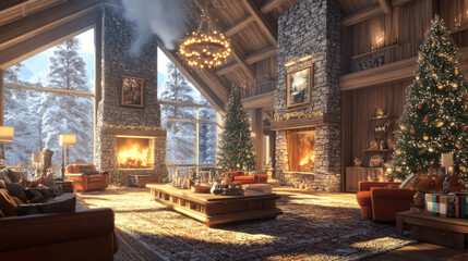Obraz premium cozy rustic mountain lodge with festive decorations, warm fireplaces, and snowy views. Perfect for holiday gatherings and relaxation