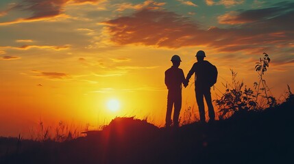 Fototapeta premium Silhouette of Engineer and Worker Inspecting a Building Project at a Construction Site During Sunset