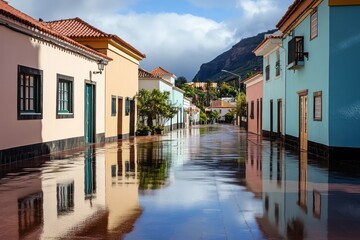 Tenerife,village,after,rainstorm,air,fresh,clear,wet,streets,reflecting,pastel-colored,houses,