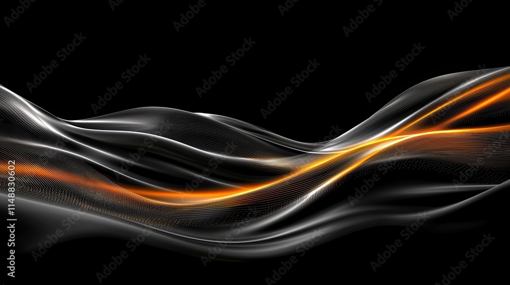 Poster abstract smooth flowing waves with black background, orange accents and light trails creating dynami
