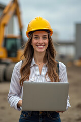 architect woman working on laptop on construction site.