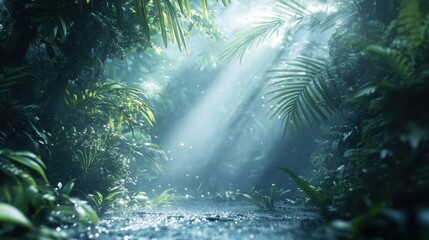 Fototapeta premium Misty morning atmosphere with dew-covered leaves and soft light illuminating a tranquil jungle setting.