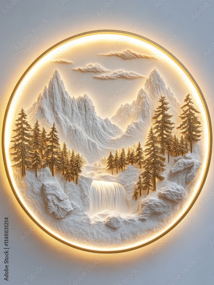 Wall mural Illuminated Mountain Waterfall Bas-Relief Wall Art