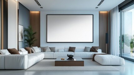 Modern living room with an empty canvas above the sofa