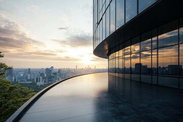 Obraz premium Dynamic facades of innovative office design in skyscraper cityscape morning light high-tech environment