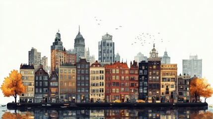 Obraz premium Modern urban scene blending traditional architecture with contemporary buildings.