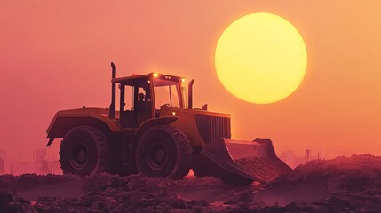 Wheel Loader Digging Soil at a Construction Site Against a Sunset Background